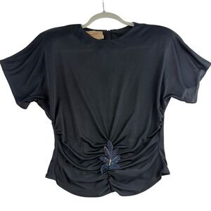 Vtg 80 90 Sz 9/10 Small Top Ruched Bead Black Blouse Padded Shoulder Whimsy